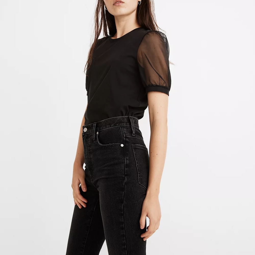 Madewell Puff Sheer-Sleeve Knit Top XXS Black Cotton blend